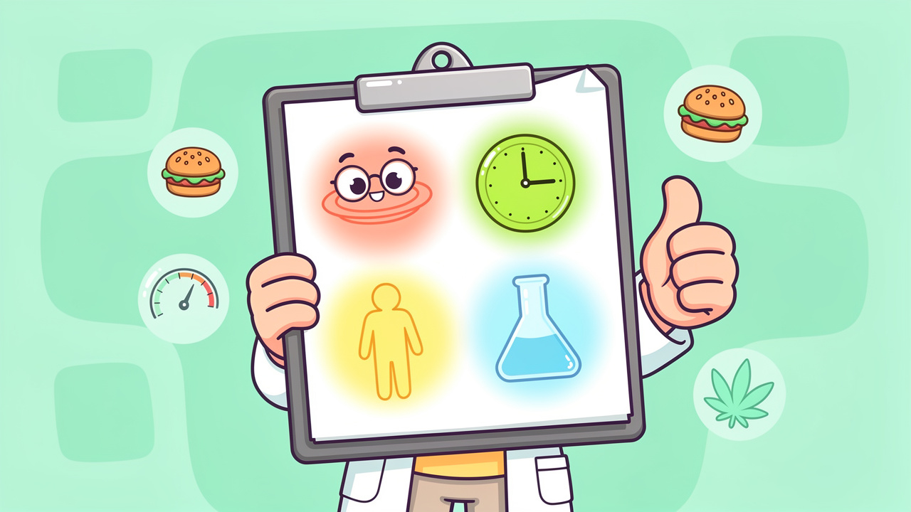 Cartoon scientist explaining factors that affect edible onset time