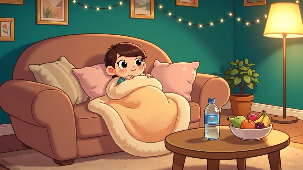 Cartoon cosy room setup for safe first edible experience