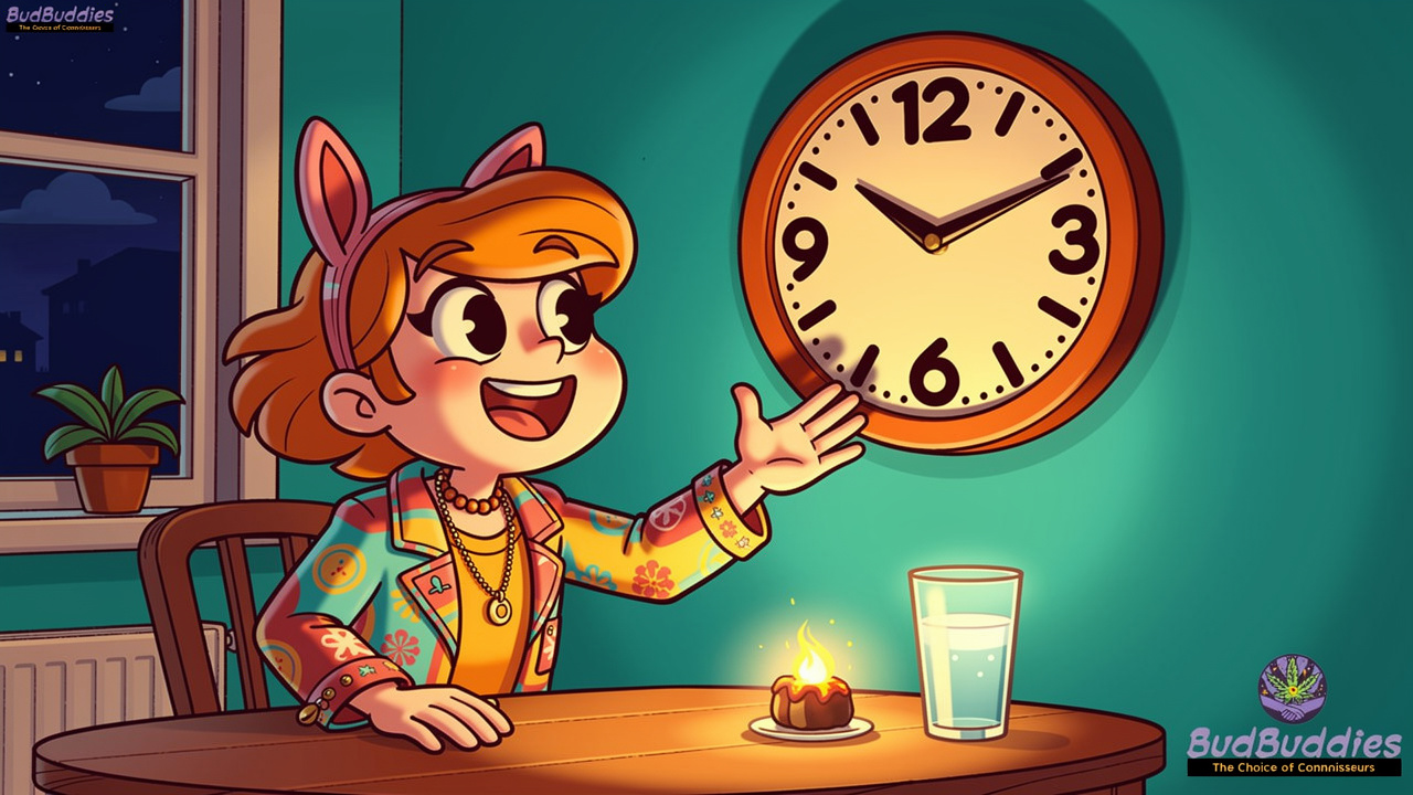 Cartoon character timing their edible dose before a night out