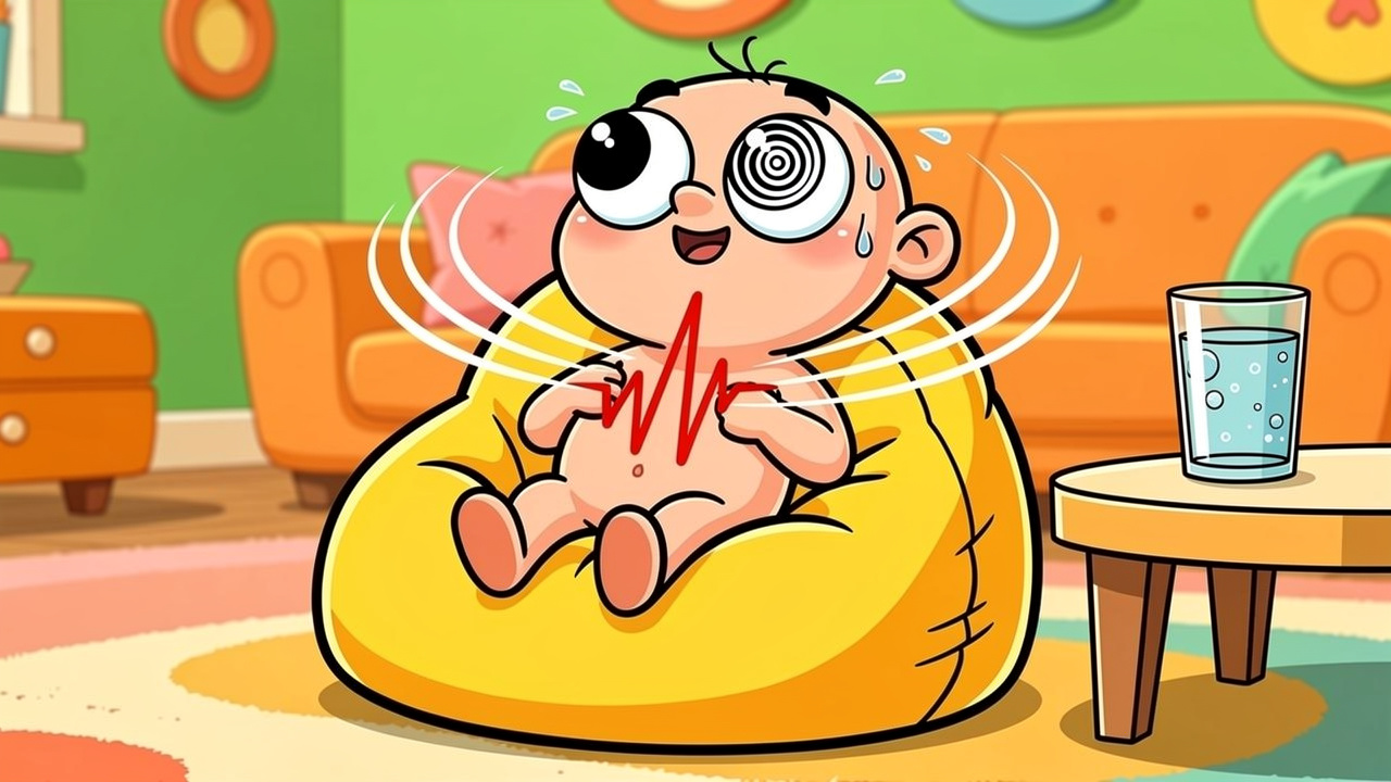 Cartoon character showing racing heartbeat and dizziness symptoms