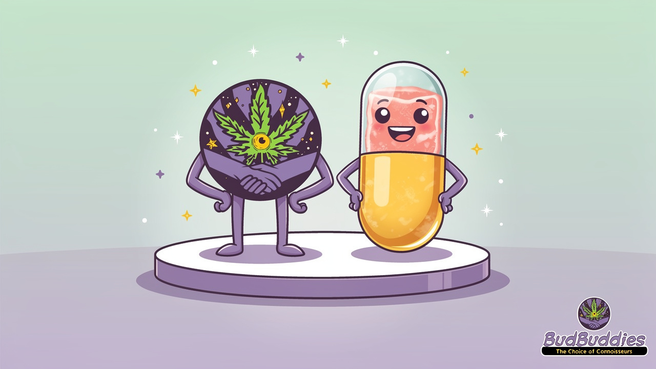 Cartoon gummy and capsule characters representing smoke-free cannabis
