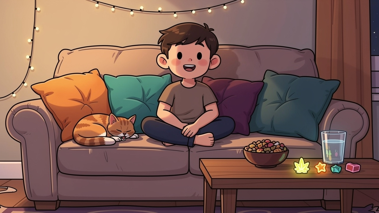 Cartoon character relaxing cosily at home with cannabis edibles nearby