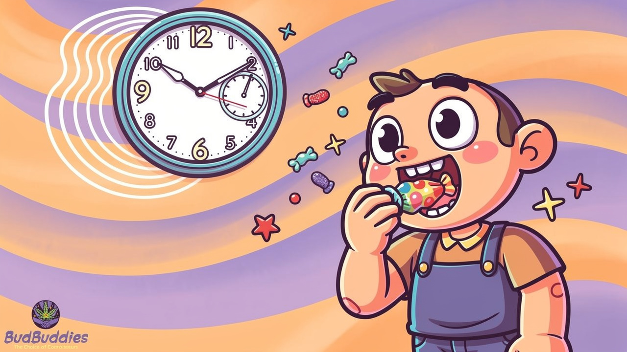 Cartoon character eating edible at party with clock showing delayed effect