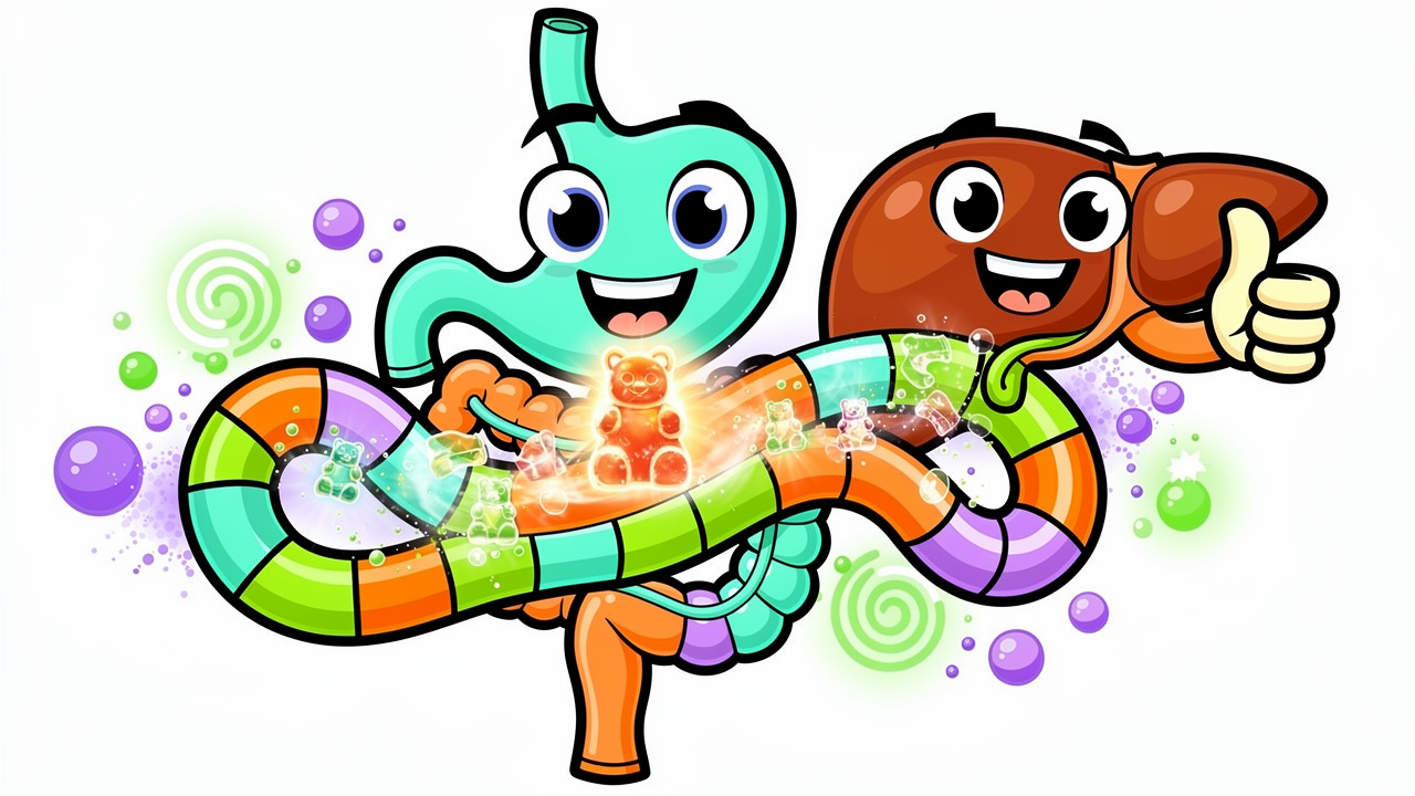 Cartoon digestive system processing a cannabis edible gummy