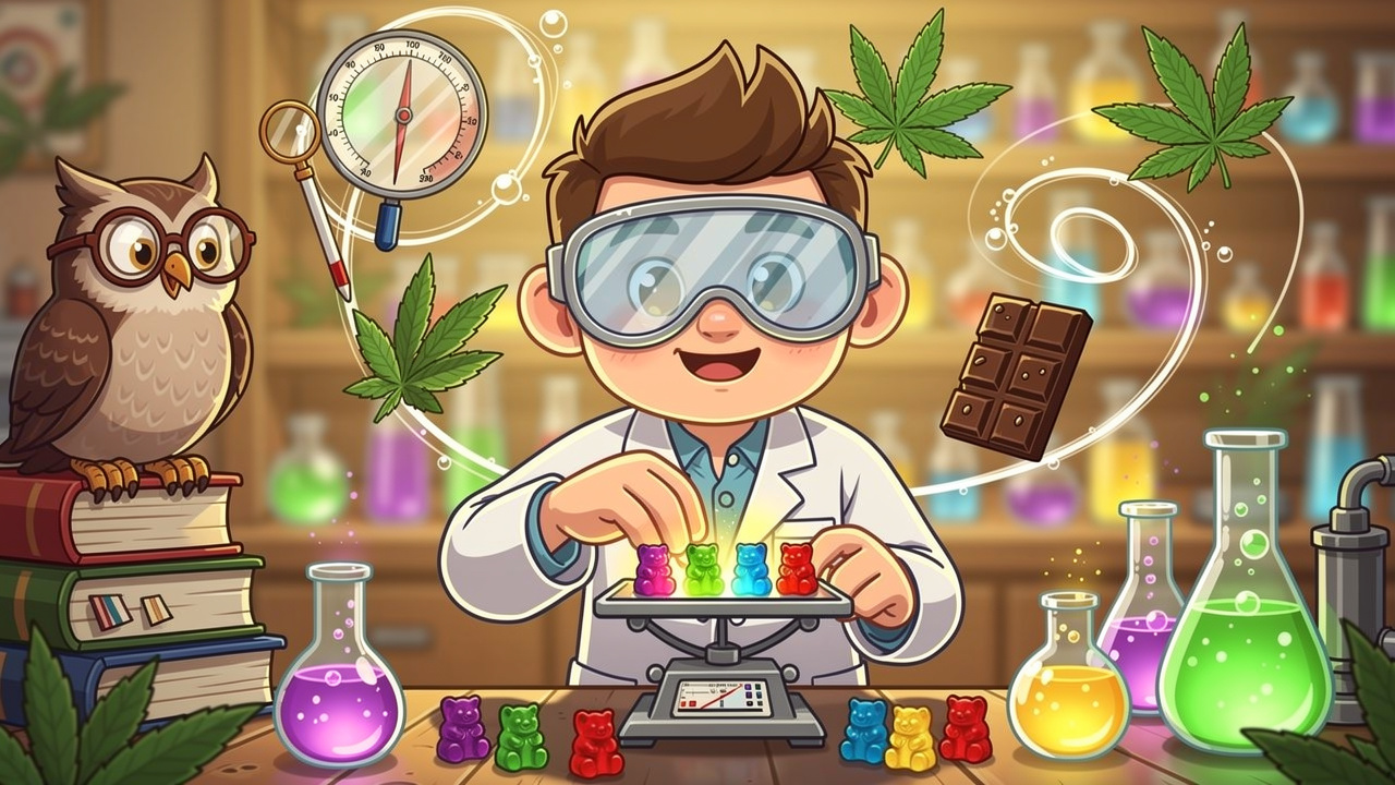 Cartoon scientist carefully measuring cannabis edible dosage on scales