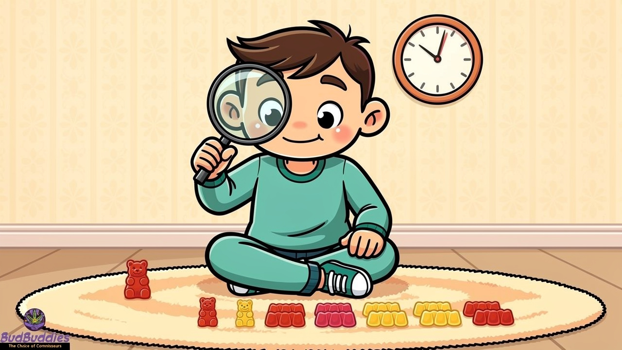 Cartoon character carefully measuring edible dosage at home