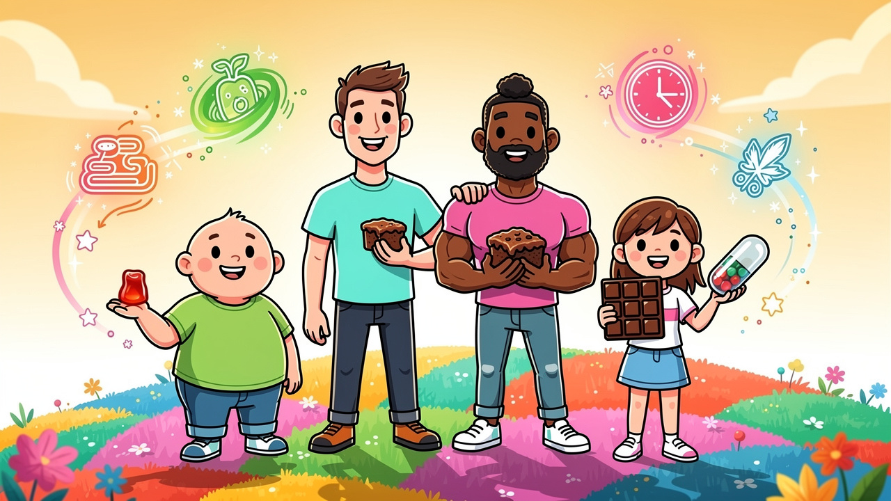 Diverse cartoon characters holding different cannabis edibles outdoors