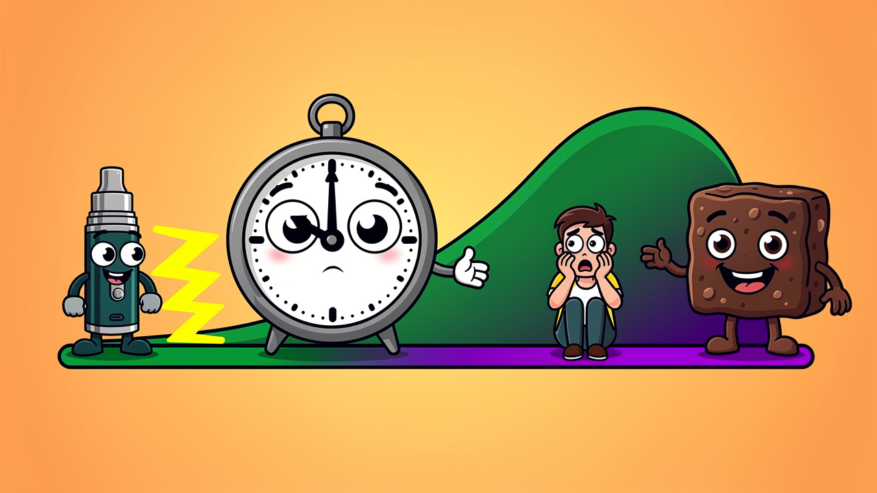 Cartoon timeline showing edibles taking longer than vaping
