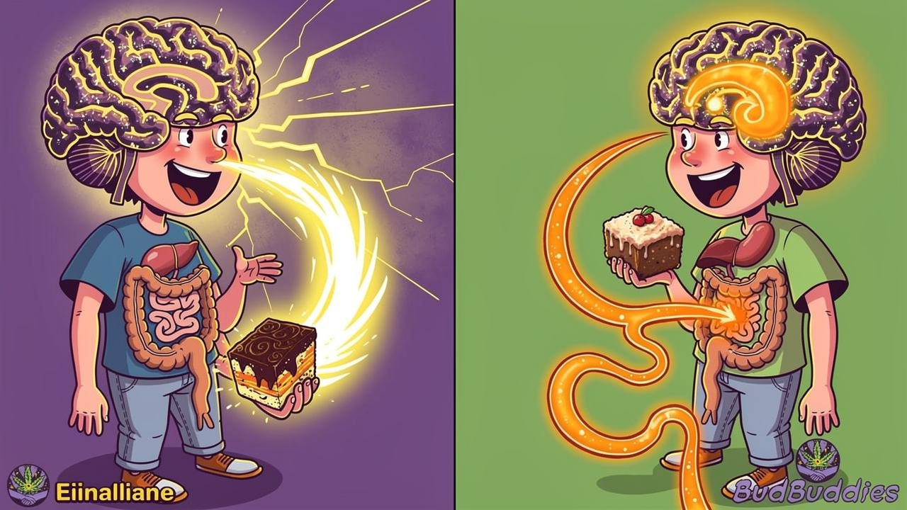 Cartoon showing how edibles and smoking affect the body differently