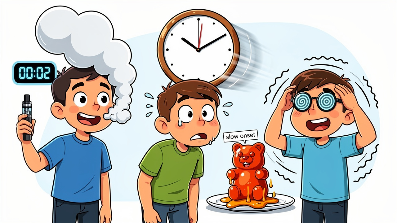 Cartoon comparing edibles delayed onset to smoking cannabis
