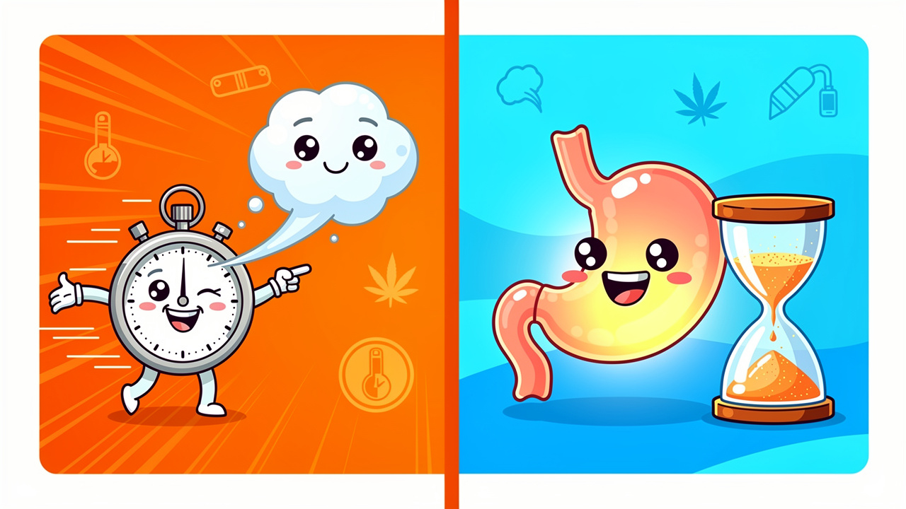 Cartoon comparing edibles and smoking cannabis effects timeline