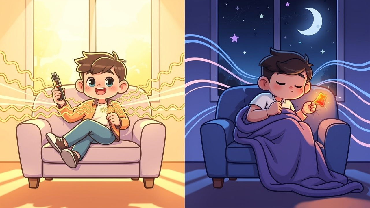 Cartoon showing vaping for daytime and edibles for evening