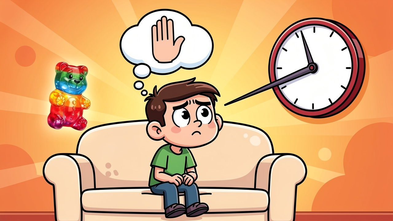 Cartoon character patiently waiting two hours before taking another edible