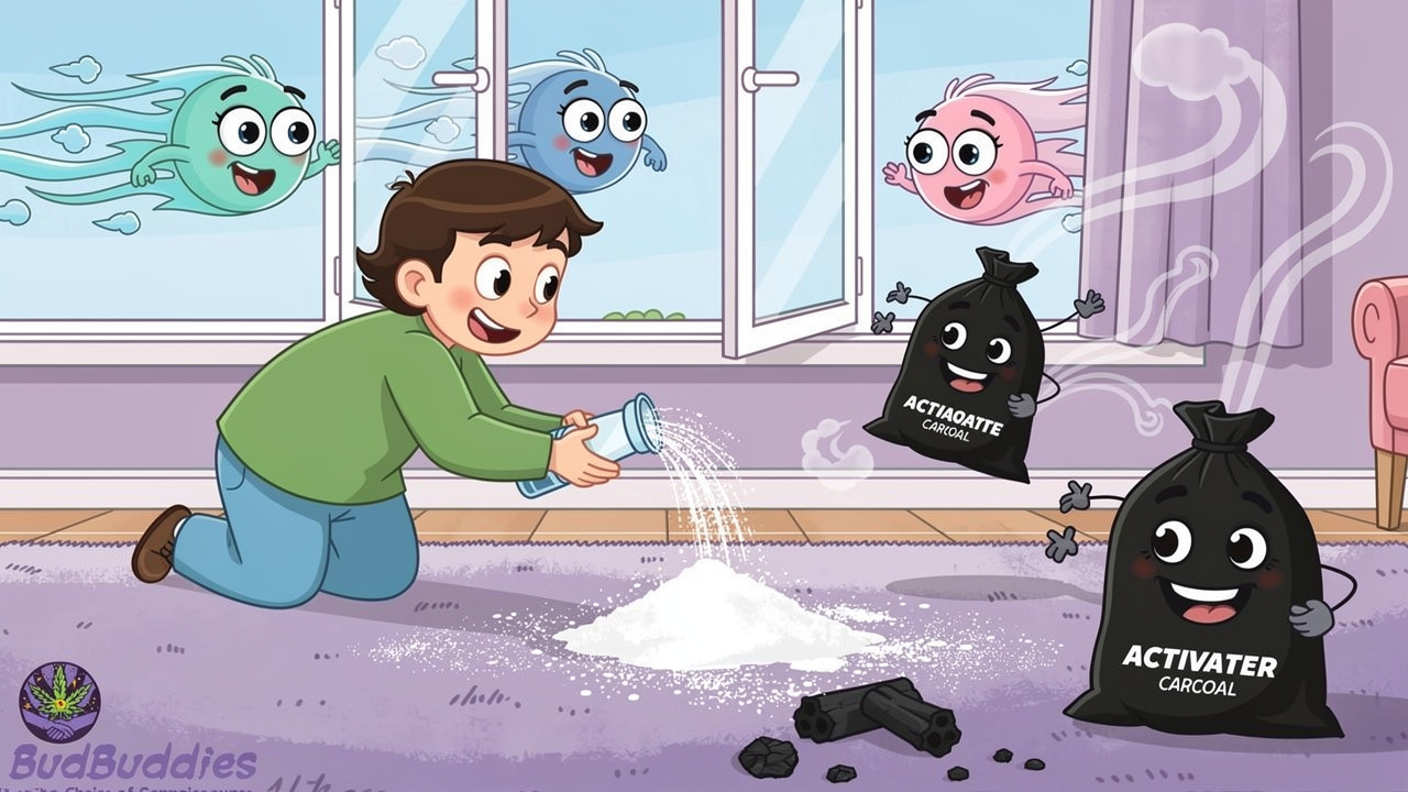 Cartoon showing ventilation bicarbonate of soda and activated charcoal removing odour