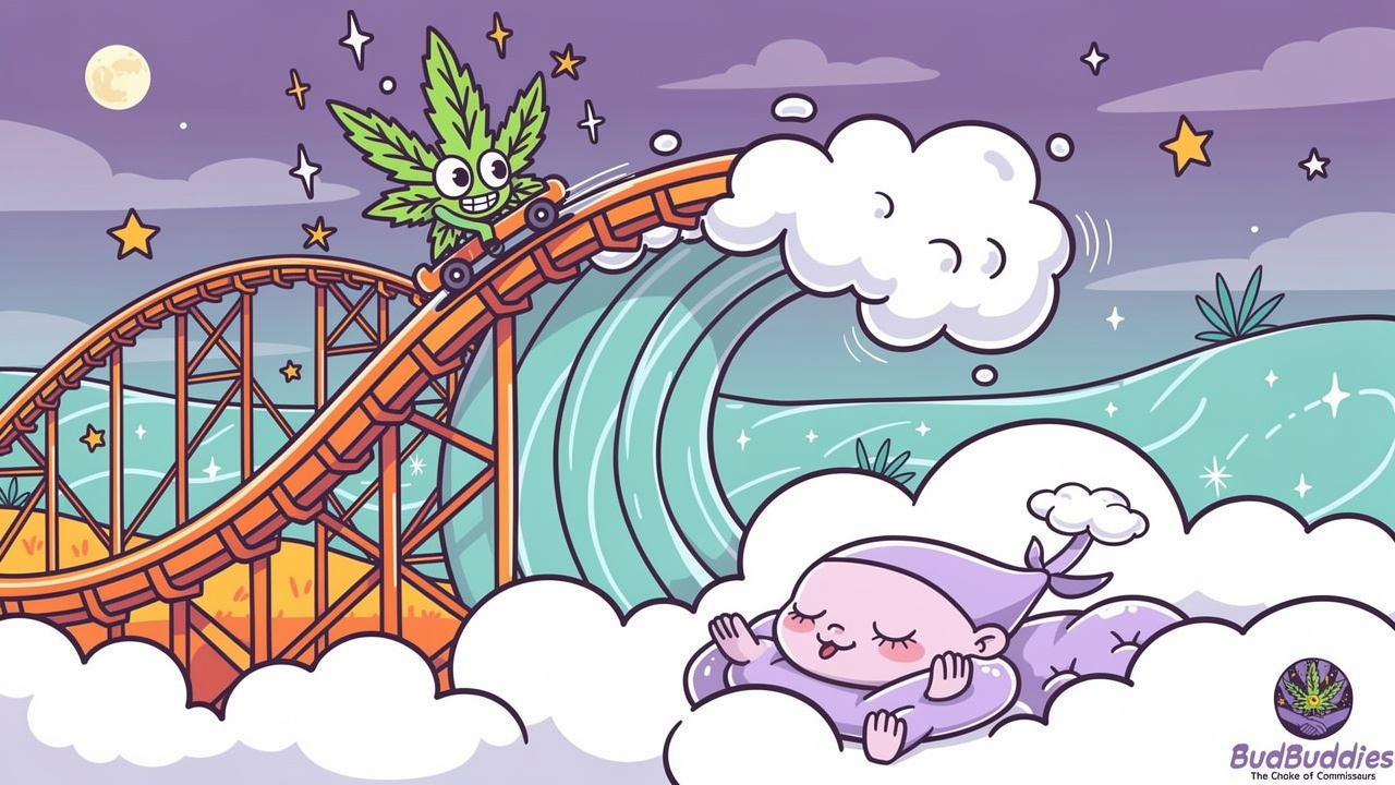 Cartoon rollercoaster showing cannabis effects timeline