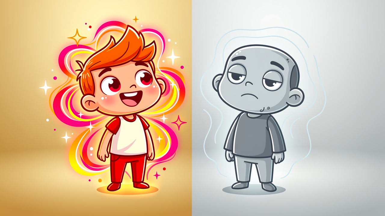 Two cartoon characters contrasting emotional sensitivity and numbness