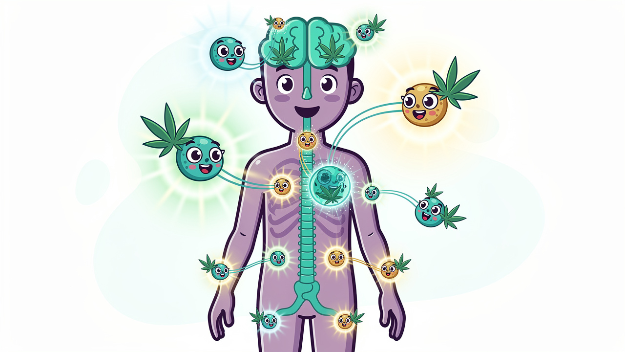 Cartoon illustration of endocannabinoid system and cannabis