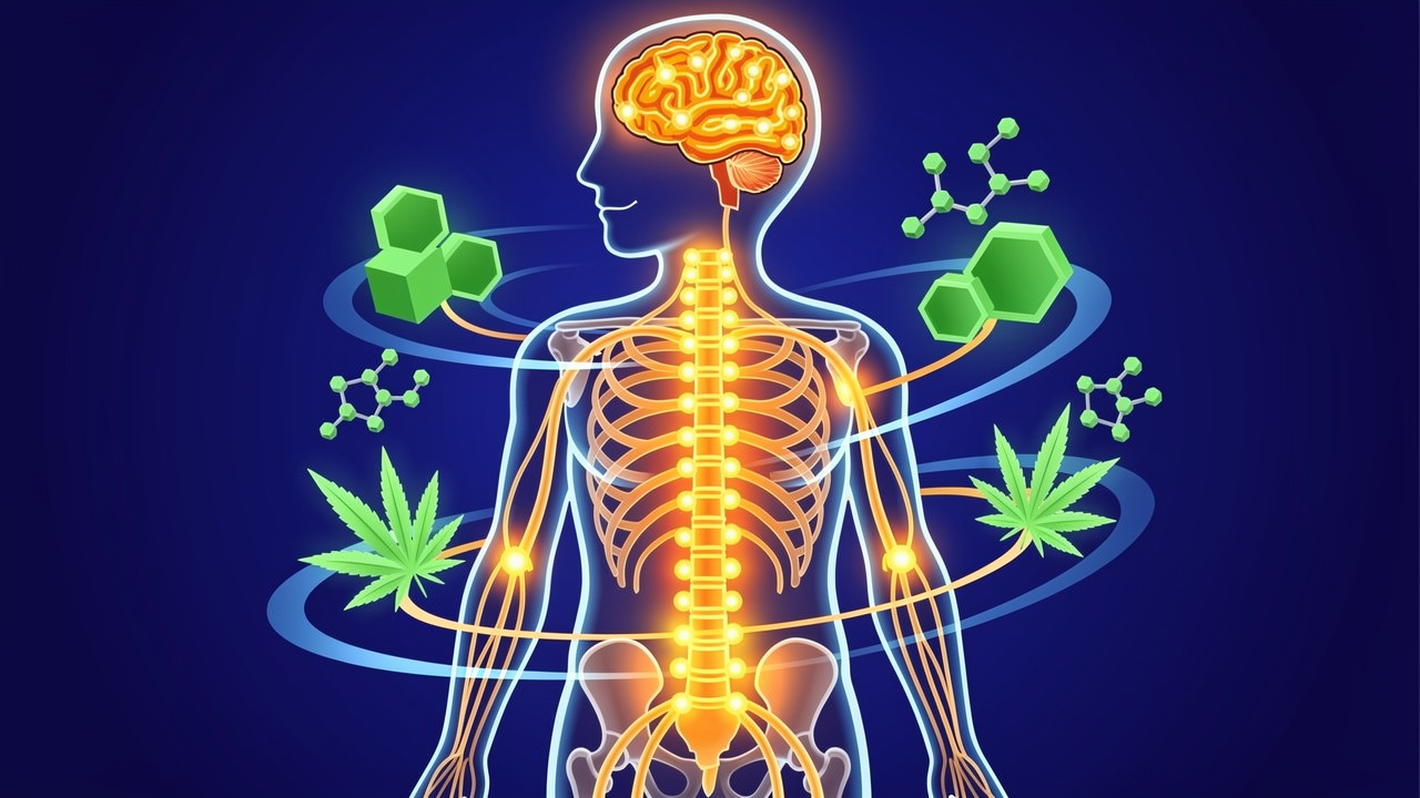 Cartoon showing cannabis activating the endocannabinoid system