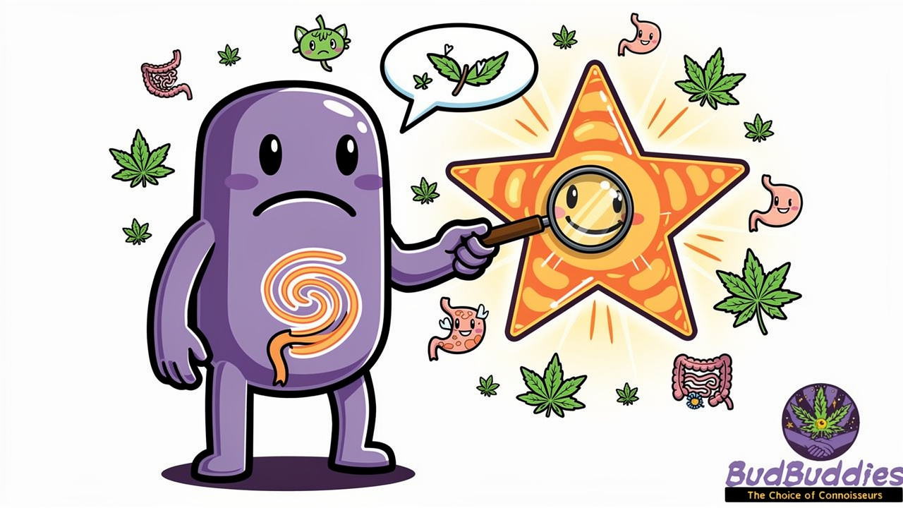 Cartoon character next to glowing endocannabinoid receptor illustration