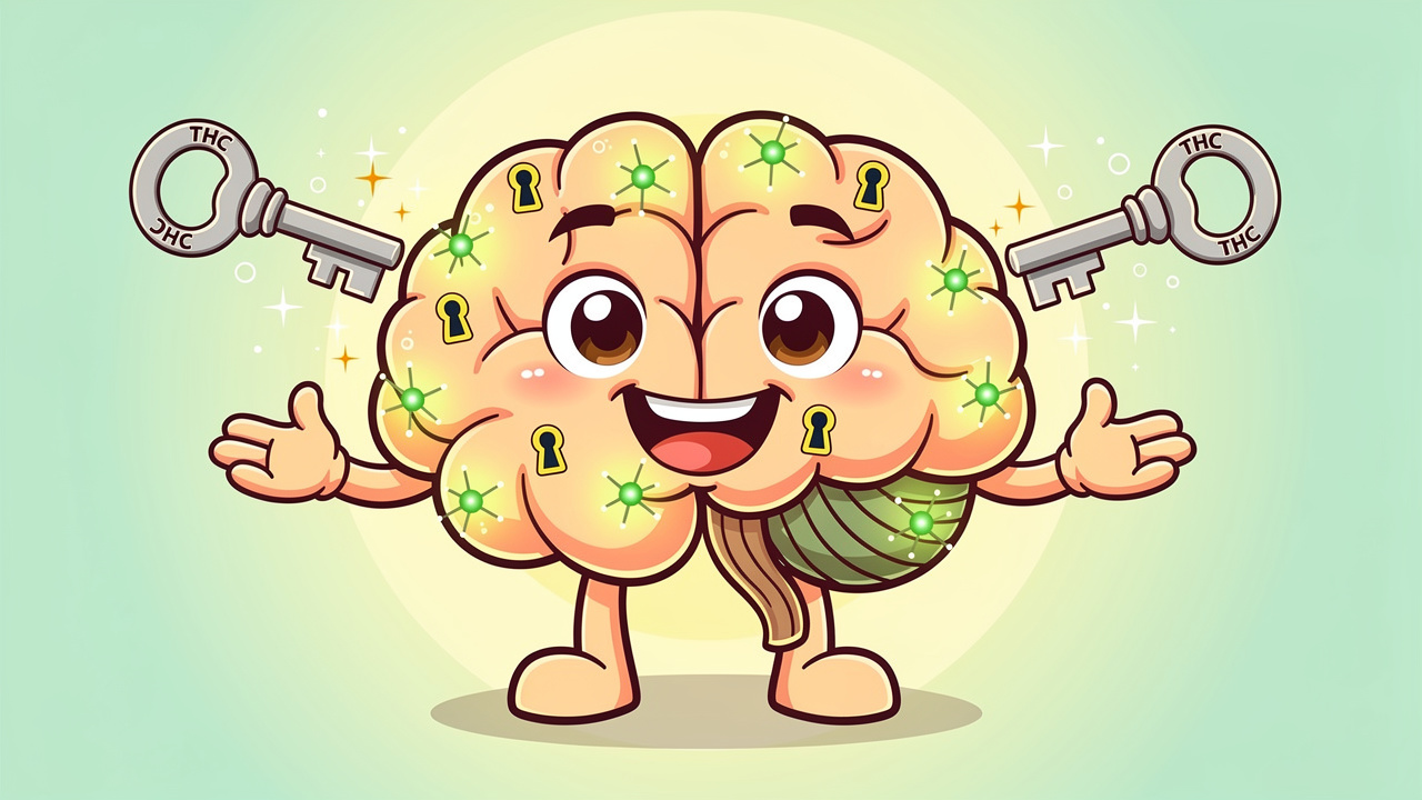Cartoon brain showing CB1 receptors responding to cannabis