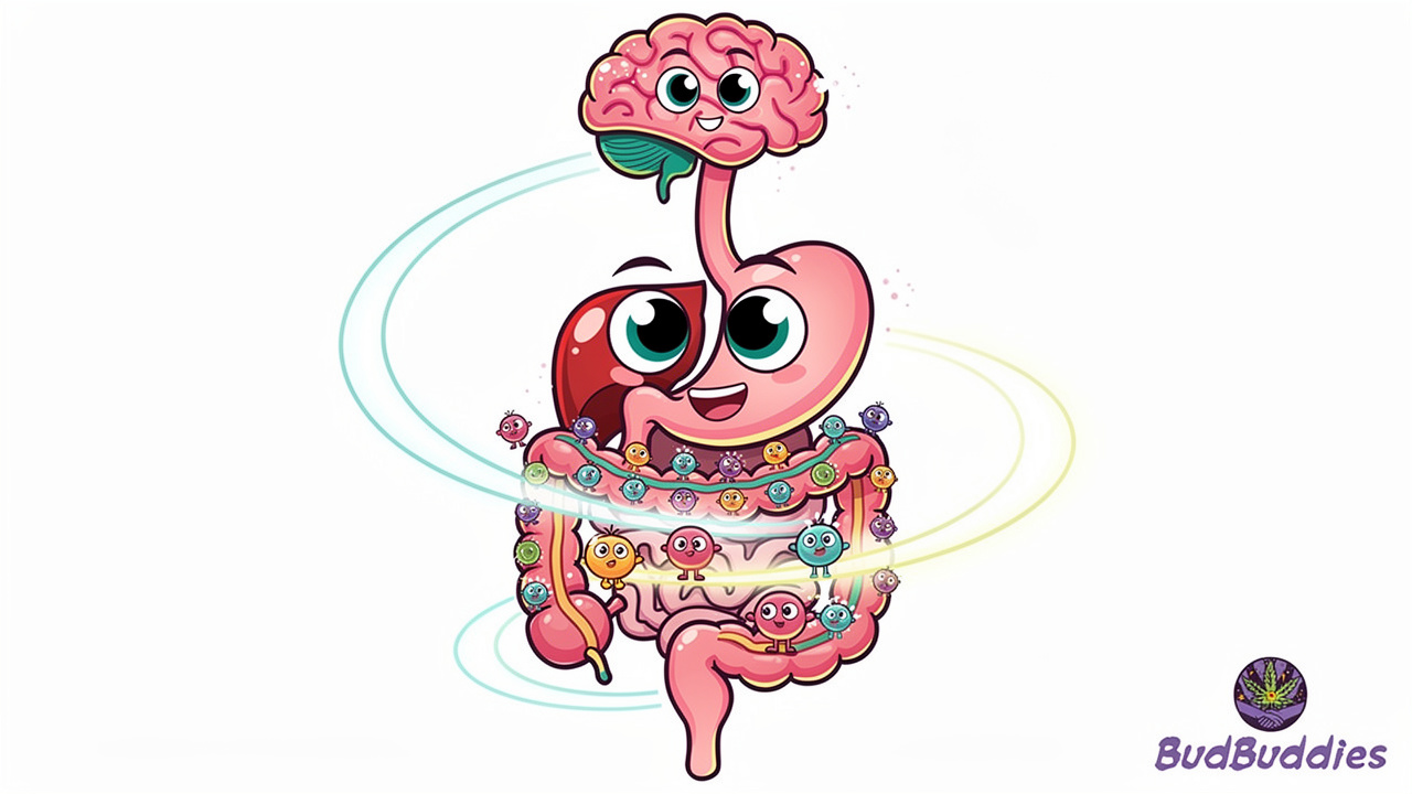 Cartoon gut and brain connected by endocannabinoid receptors