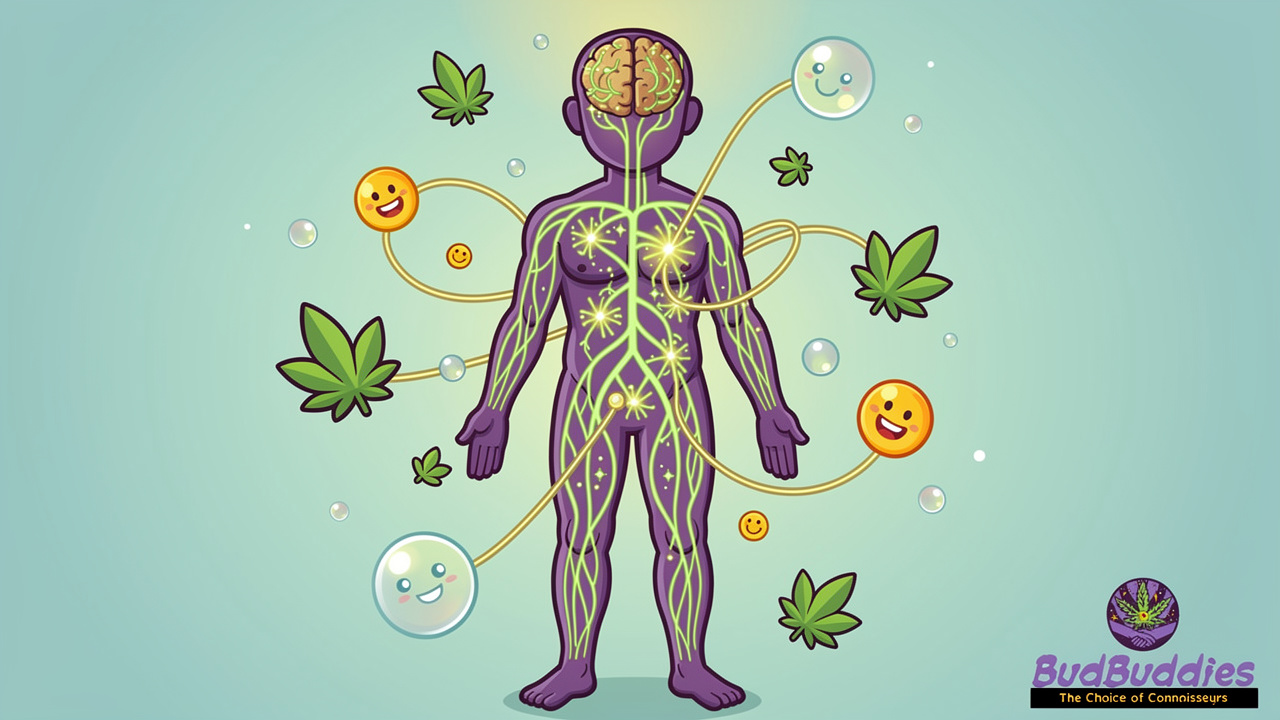 Cartoon diagram of THC and CBD interacting with the body