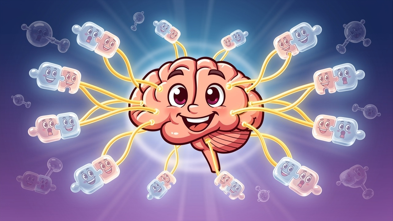 Cartoon brain with glowing THC receptor connections illustrated