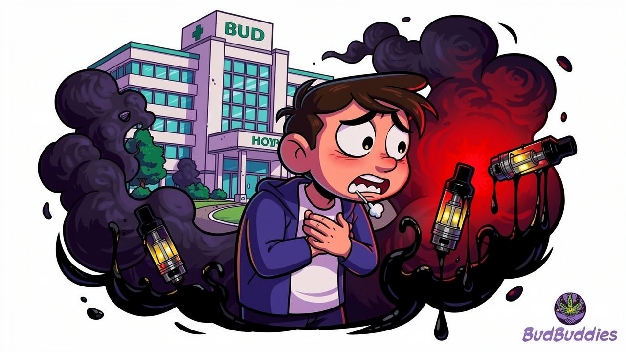 Cartoon character showing lung distress from fake vape cartridges