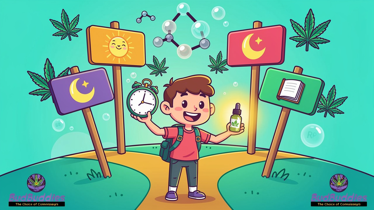 Cartoon student choosing cannabis timing for exam day