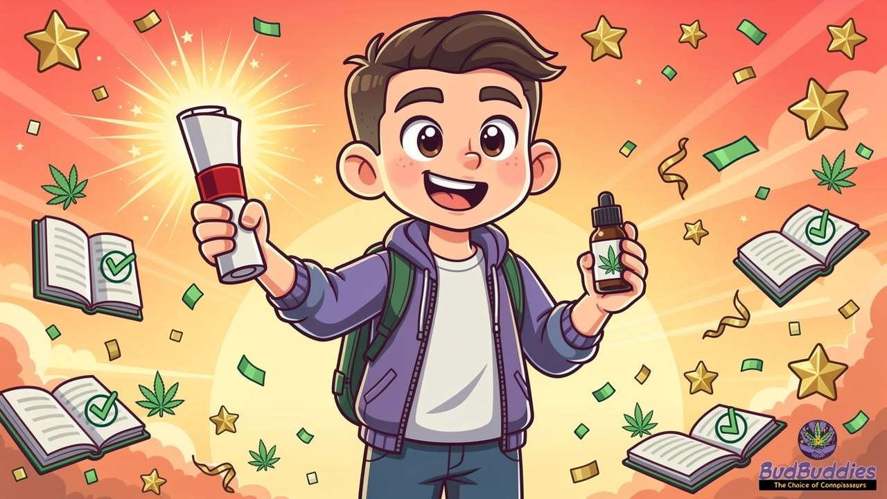 Cartoon student celebrating balanced exam stress choices