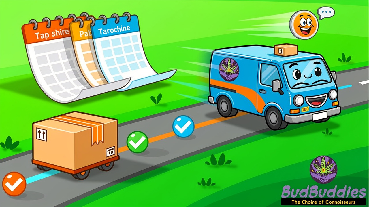 Cartoon parcel tracking journey with delivery milestones illustrated