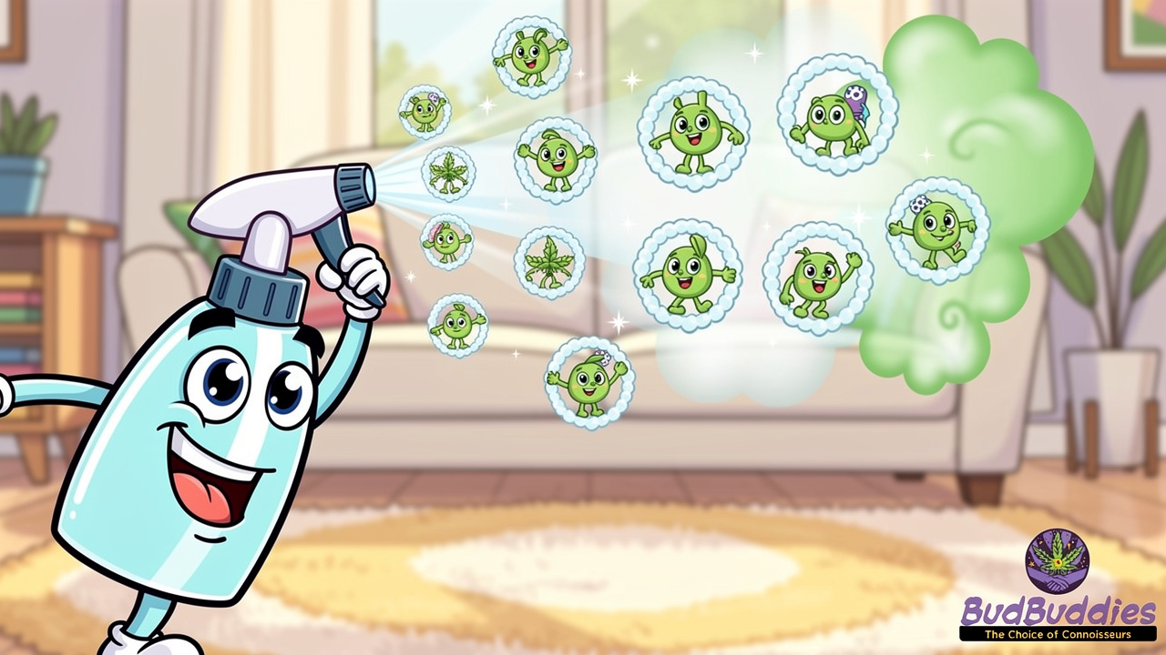 Cartoon showing cyclodextrin molecules trapping cannabis odour in the air