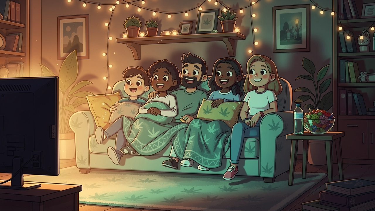 Cartoon friends enjoying a cosy cannabis film night together
