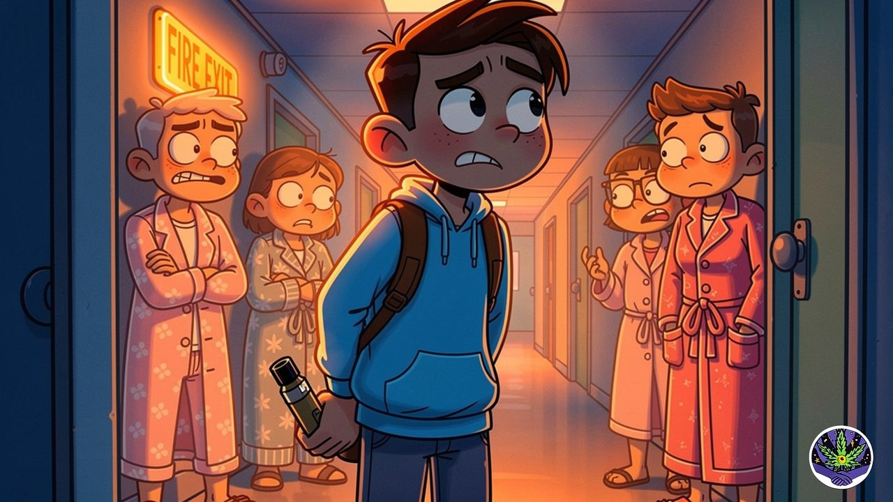 Cartoon students evacuated from halls after a false alarm