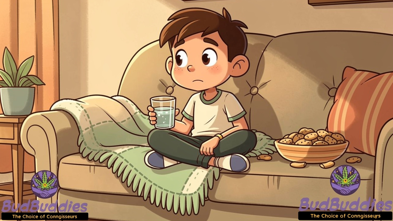 Cartoon student sitting calmly during first cannabis experience