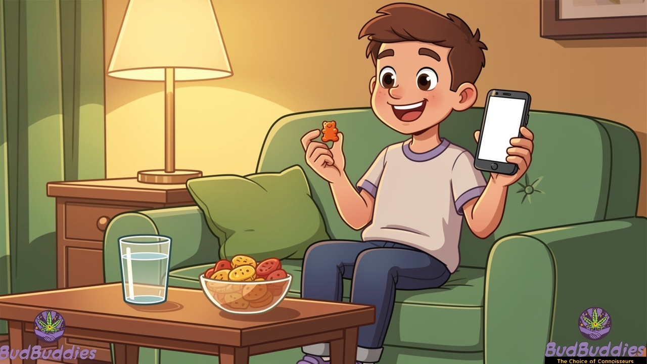 Cartoon student dosing cannabis gummy safely in cosy dorm room