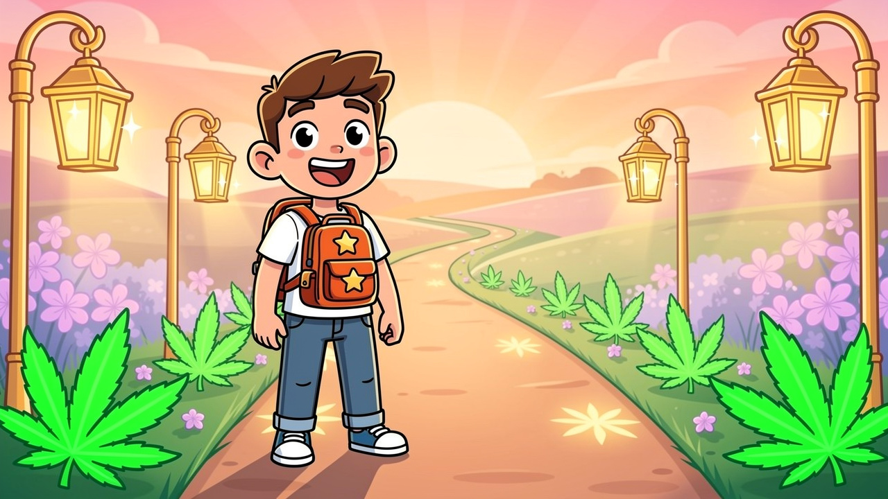 Cartoon character beginning their first cannabis journey confidently