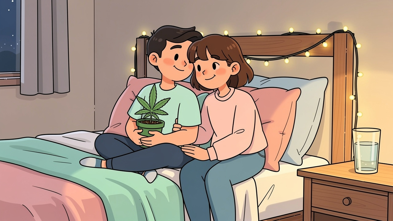 Two cartoon friends preparing for first cannabis experience together