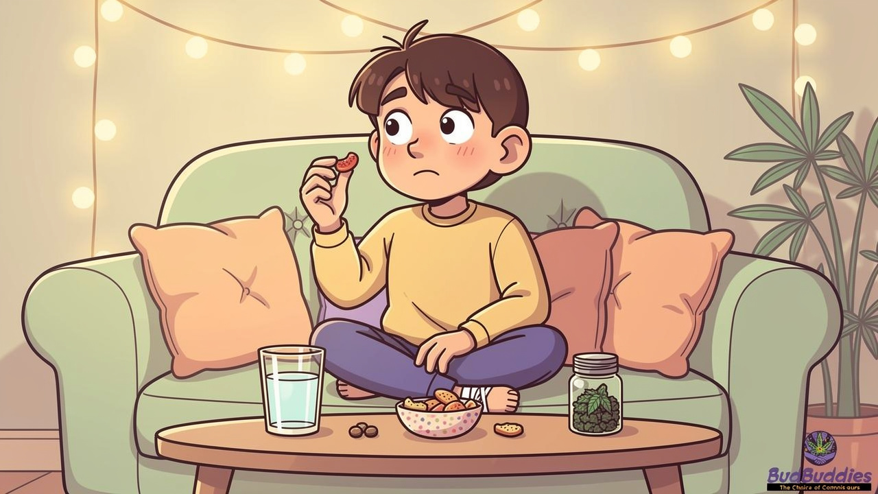 Cartoon first-time THC buyer relaxing safely at home with low dose