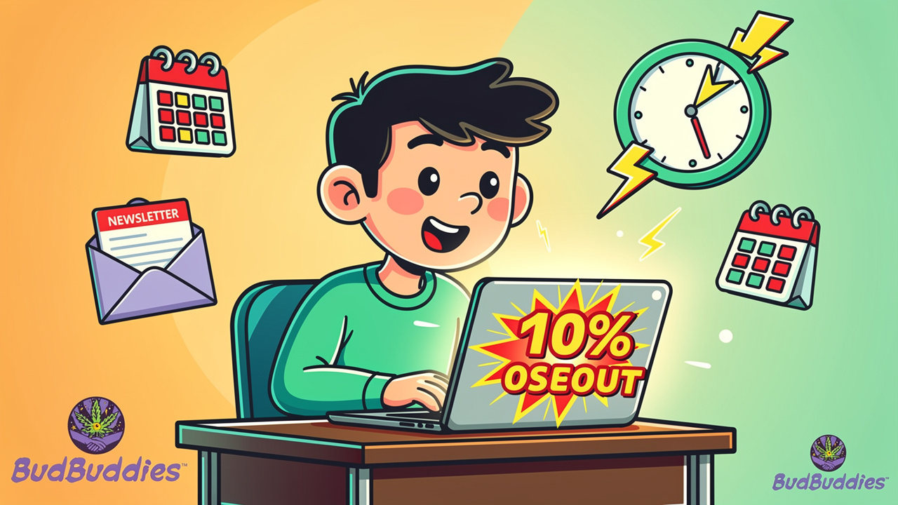Cartoon student browsing cannabis flash sales on laptop
