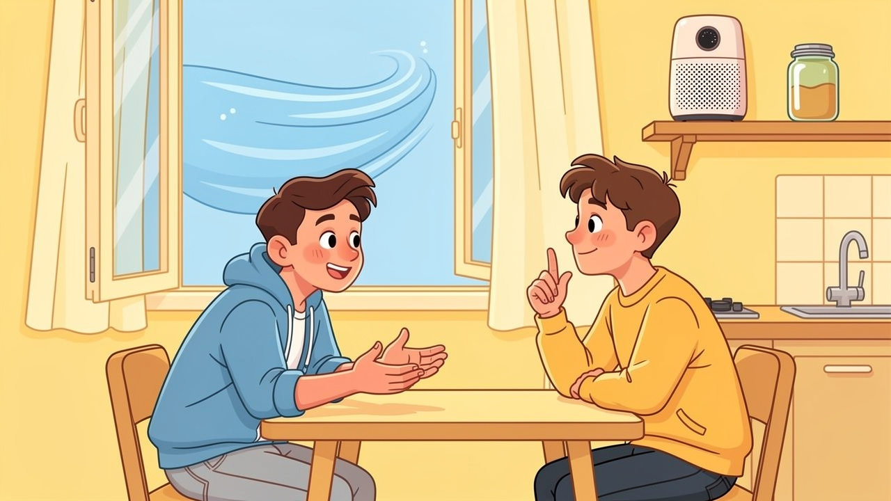 Cartoon flatmates having a calm conversation about weed smell