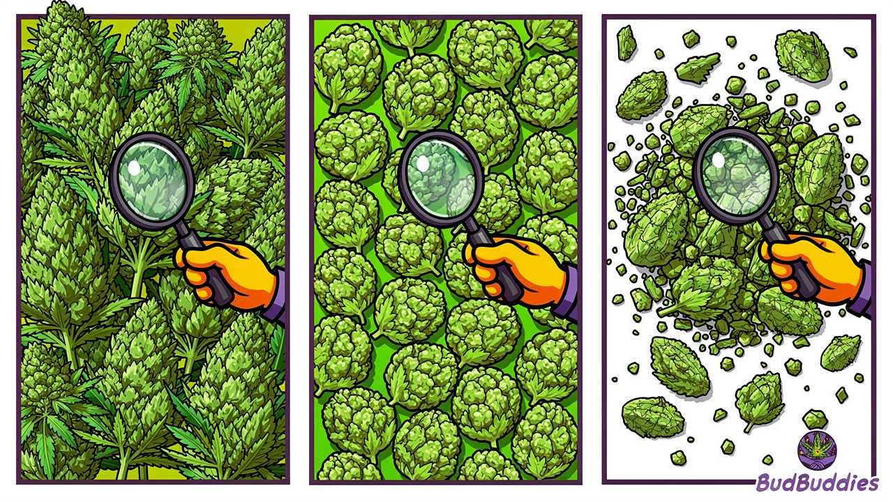 Three cannabis flower formats compared in cartoon style illustration