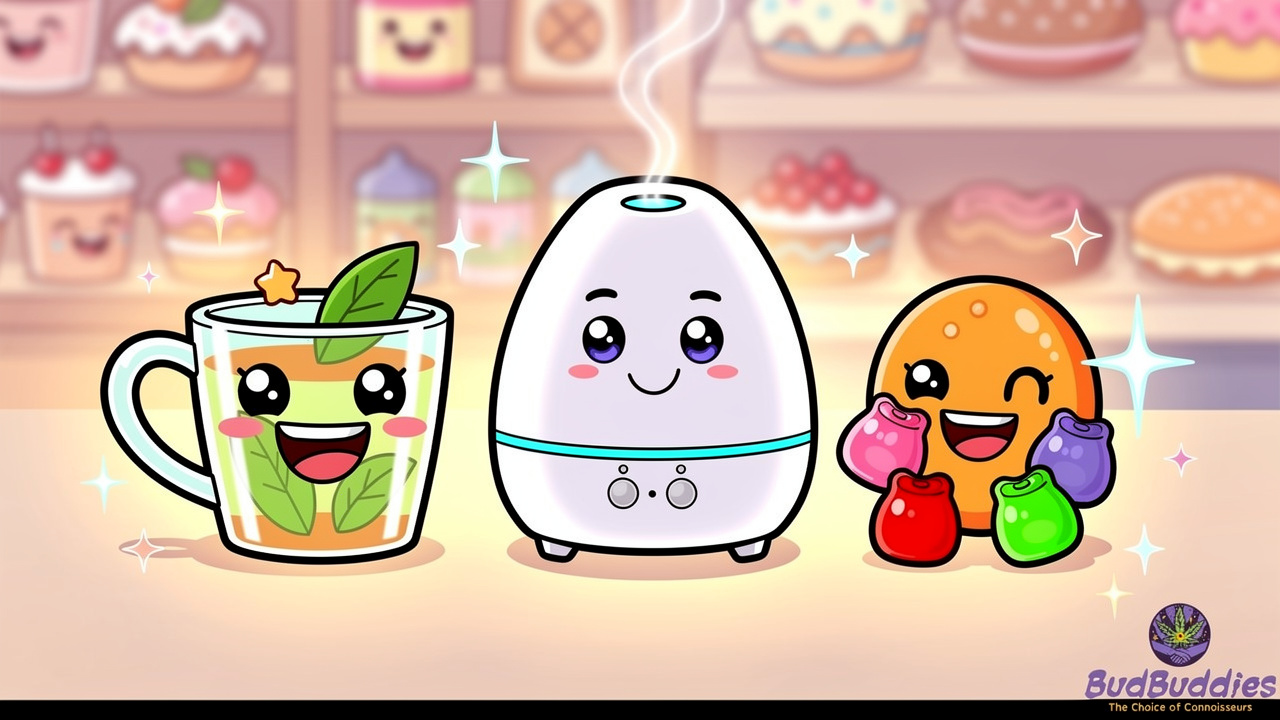 Cartoon comparison of flower, vape, and edibles