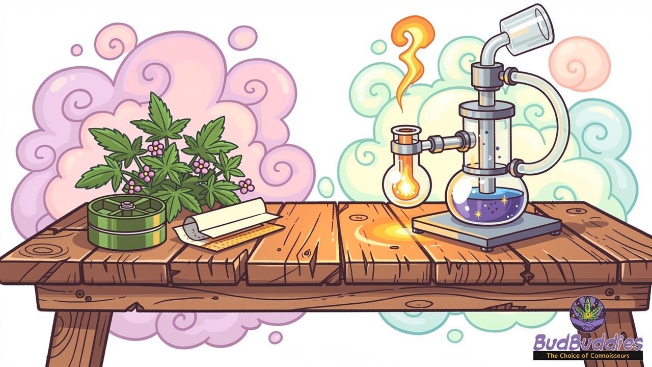 Illustration of flower rolling kit and dab rig equipment
