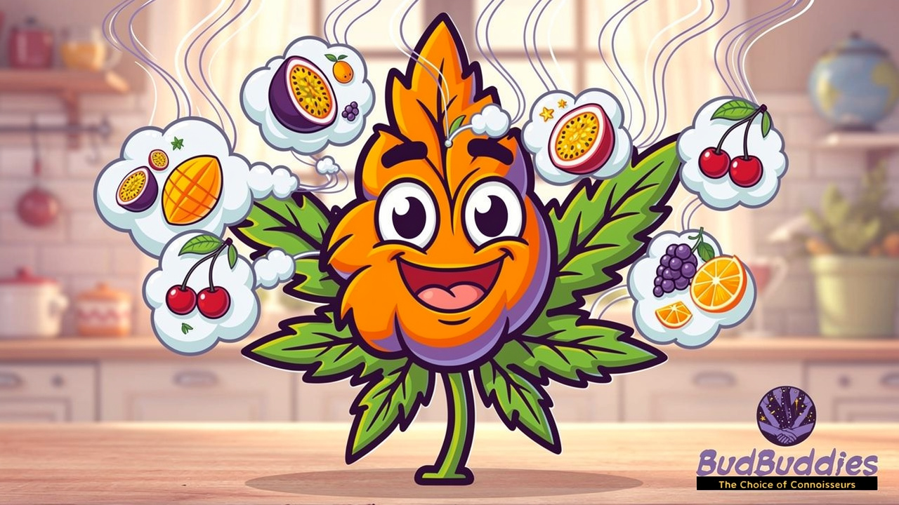 Cartoon showing tropical fruity aroma of Forbidden Fruit strain