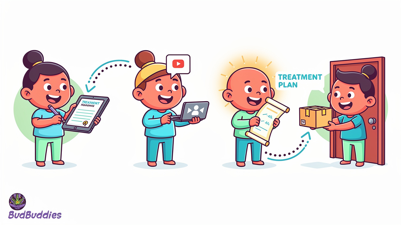 Cartoon four-stage medical cannabis consultation process steps