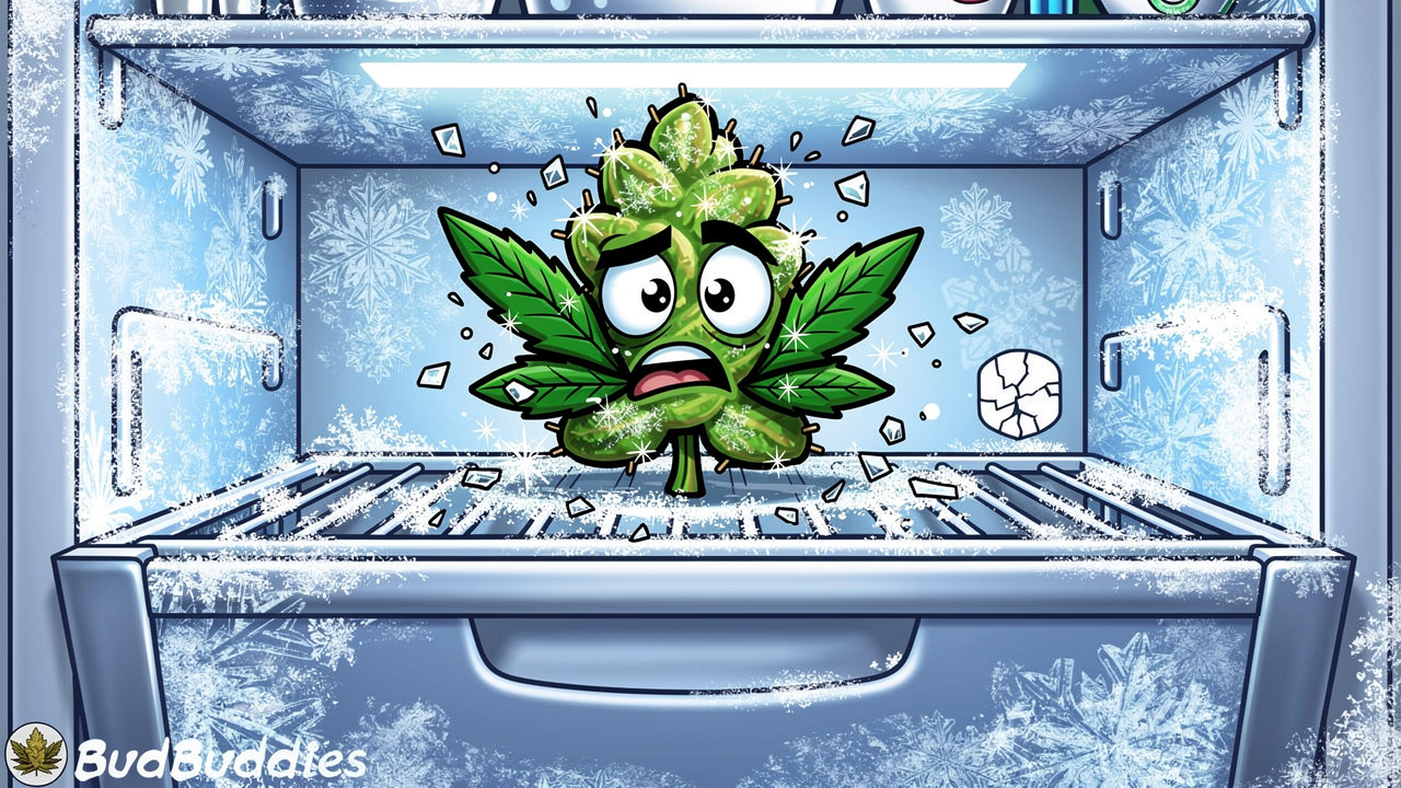 Cartoon bud losing brittle trichomes inside a freezer