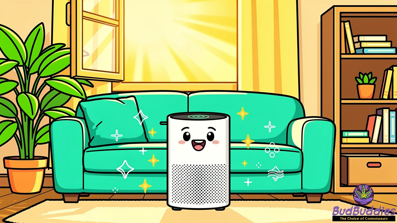 Cartoon illustration of a fresh odour-free home after using an air purifier