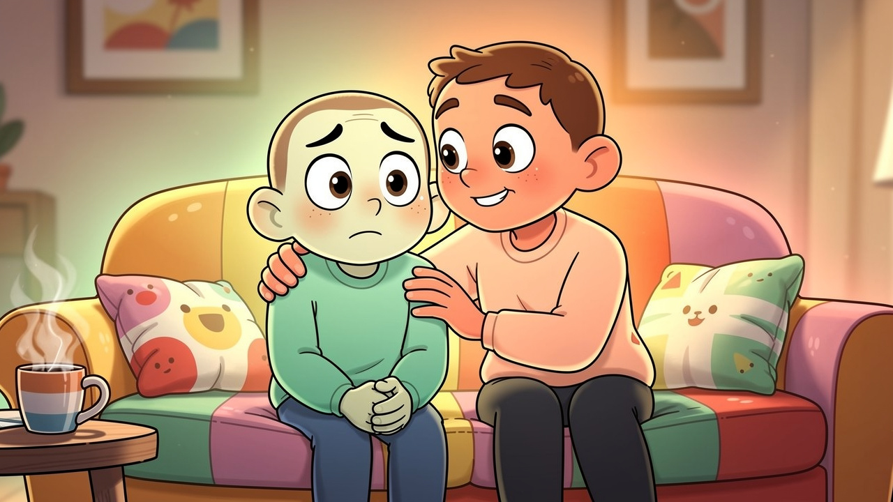 Cartoon friends showing support and reassurance during a green out