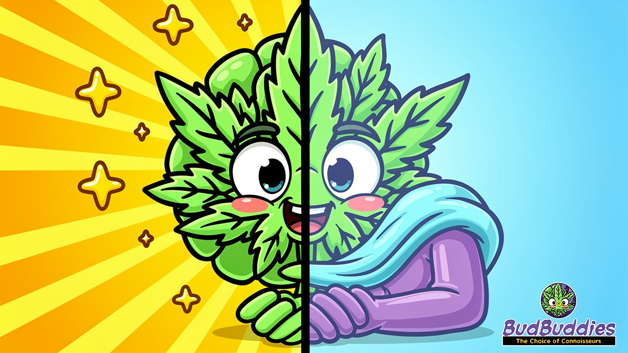 Cartoon character showing balanced hybrid strain effects